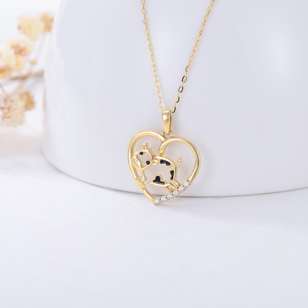 14K Gold Cubic Zirconia Cow & Heart Pendant Necklace-3