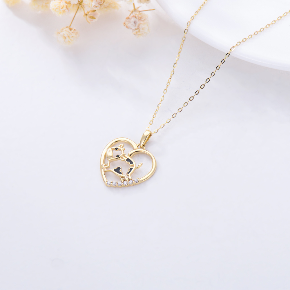 10K Gold Cubic Zirconia Cow & Heart Pendant Necklace-4