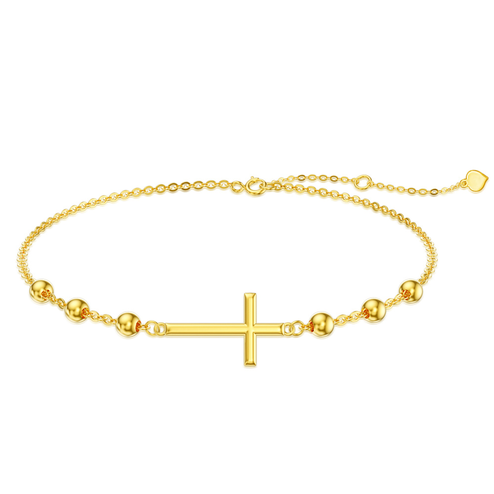 Pulseira de corrente de estação com contas de cruz em ouro 10K-1