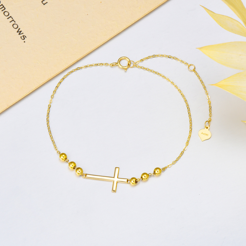 Pulseira de corrente de estação com contas de cruz em ouro 10K-4