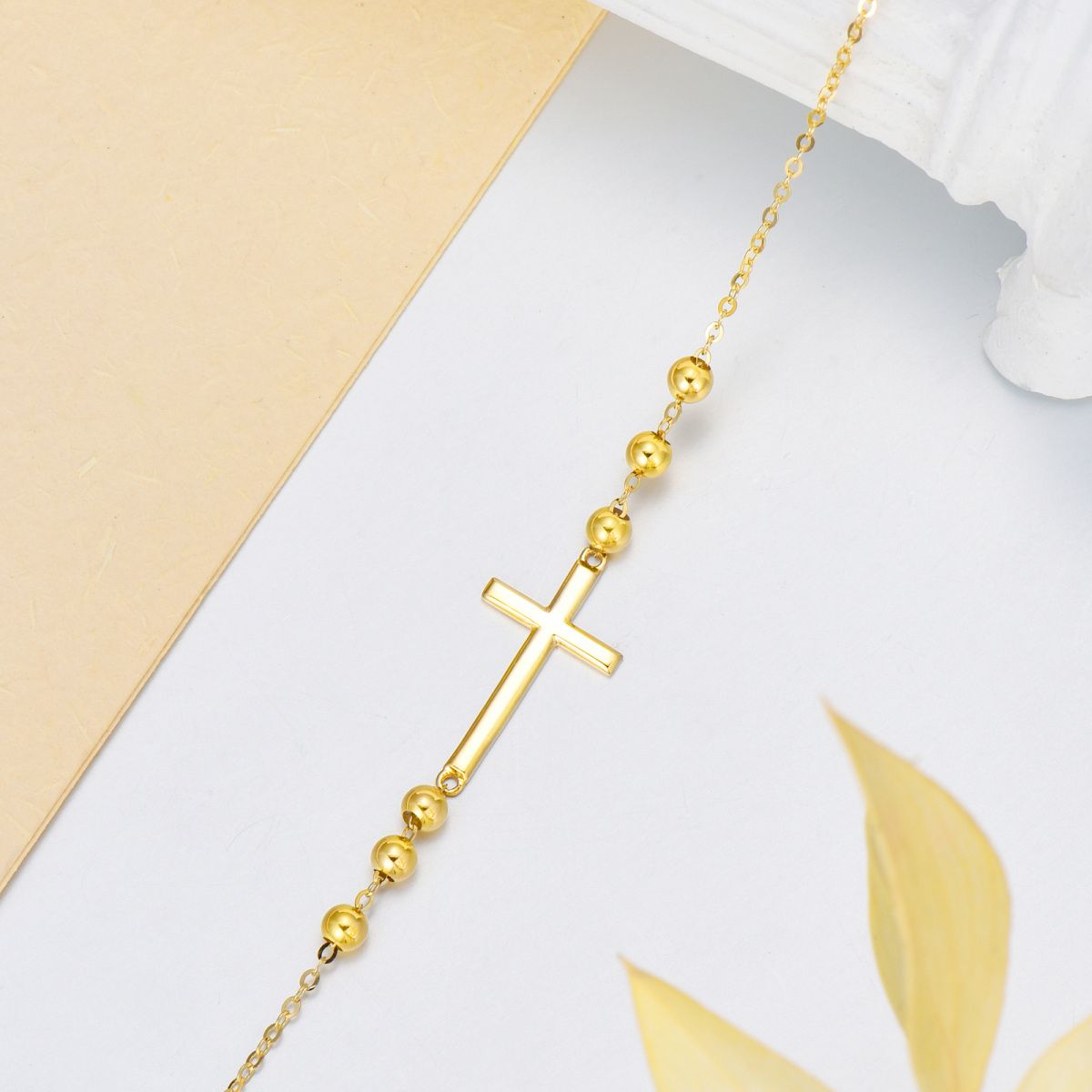 10K Gold Cross Bead Station Chain Bracelet-5