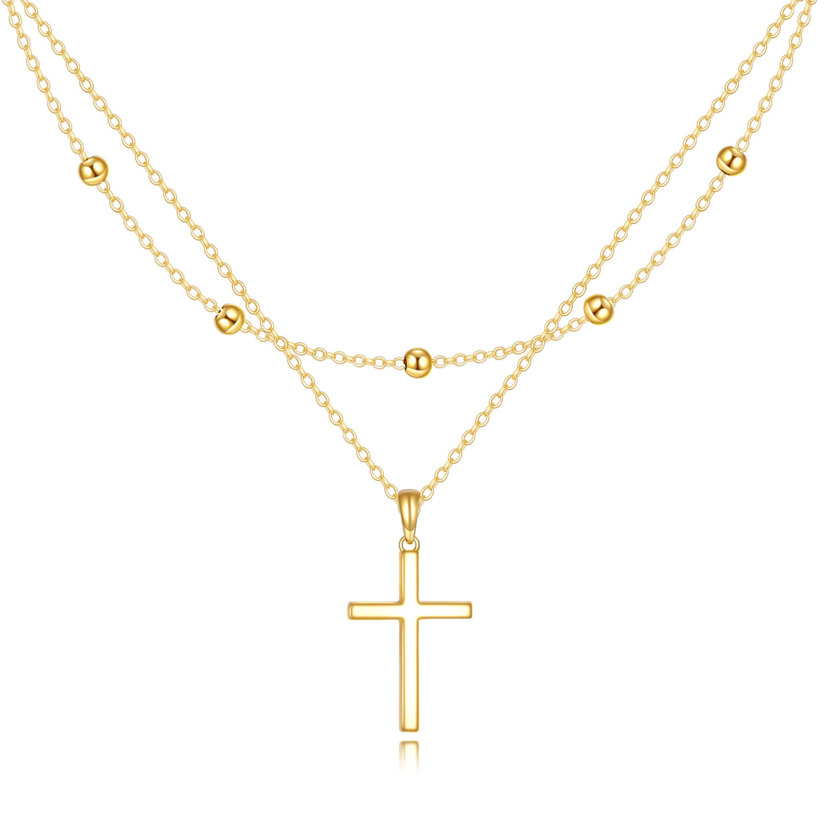 10K Gold Cross Bead Station Chain Layered Necklace-1