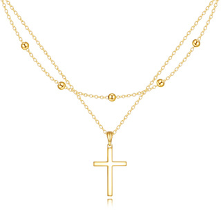 10K Gold Cross Bead Station Chain Layered Necklace-6
