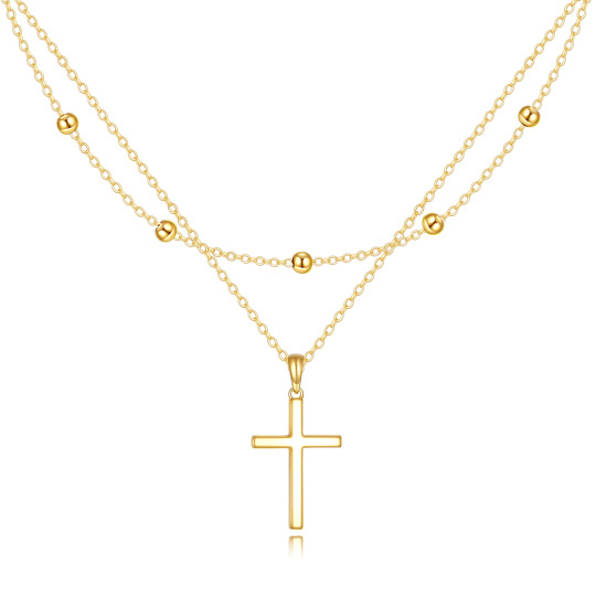 14K Gold Cross Bead Station Chain Layered Necklace