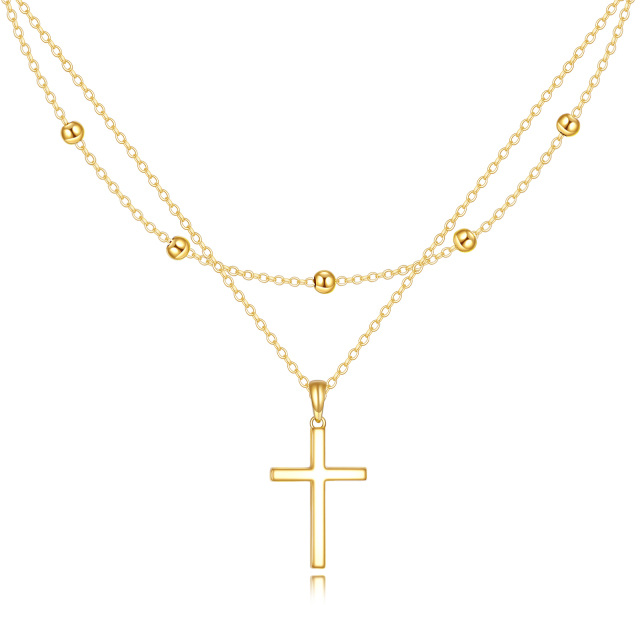 14K Gold Cross Bead Station Chain Layered Necklace-1