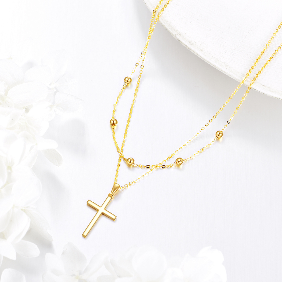 14K Gold Cross Bead Station Chain Layered Necklace-3