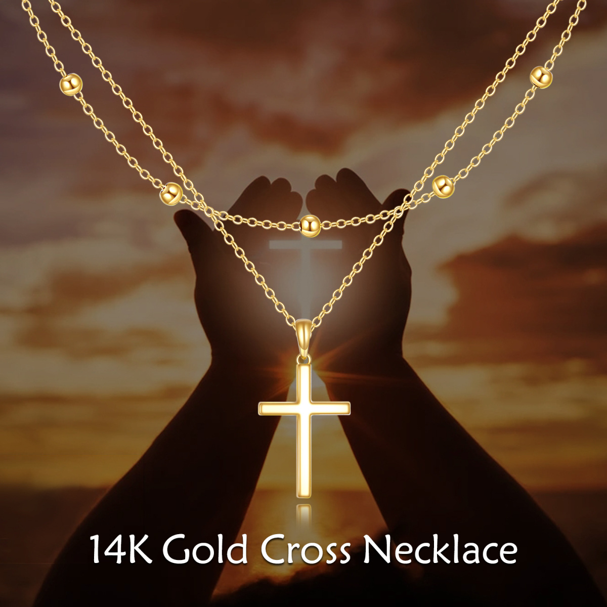 10K Gold Cross Bead Station Chain Layered Necklace-6