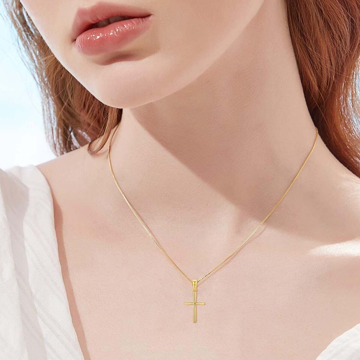 Collar de cadena con forma de cruz en oro de 14 quilates para mujer-2