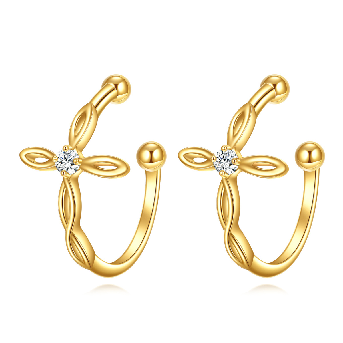 14K Gold Cubic Zirconia Cross Cuff Earrings-1