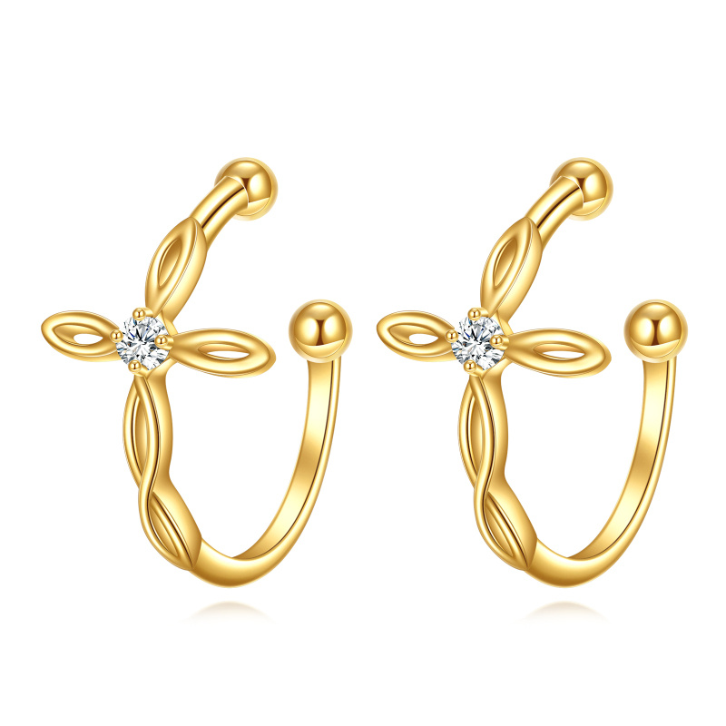 Boucles d'oreilles manchette croix en or 10 carats et zirconiums cubiques-1