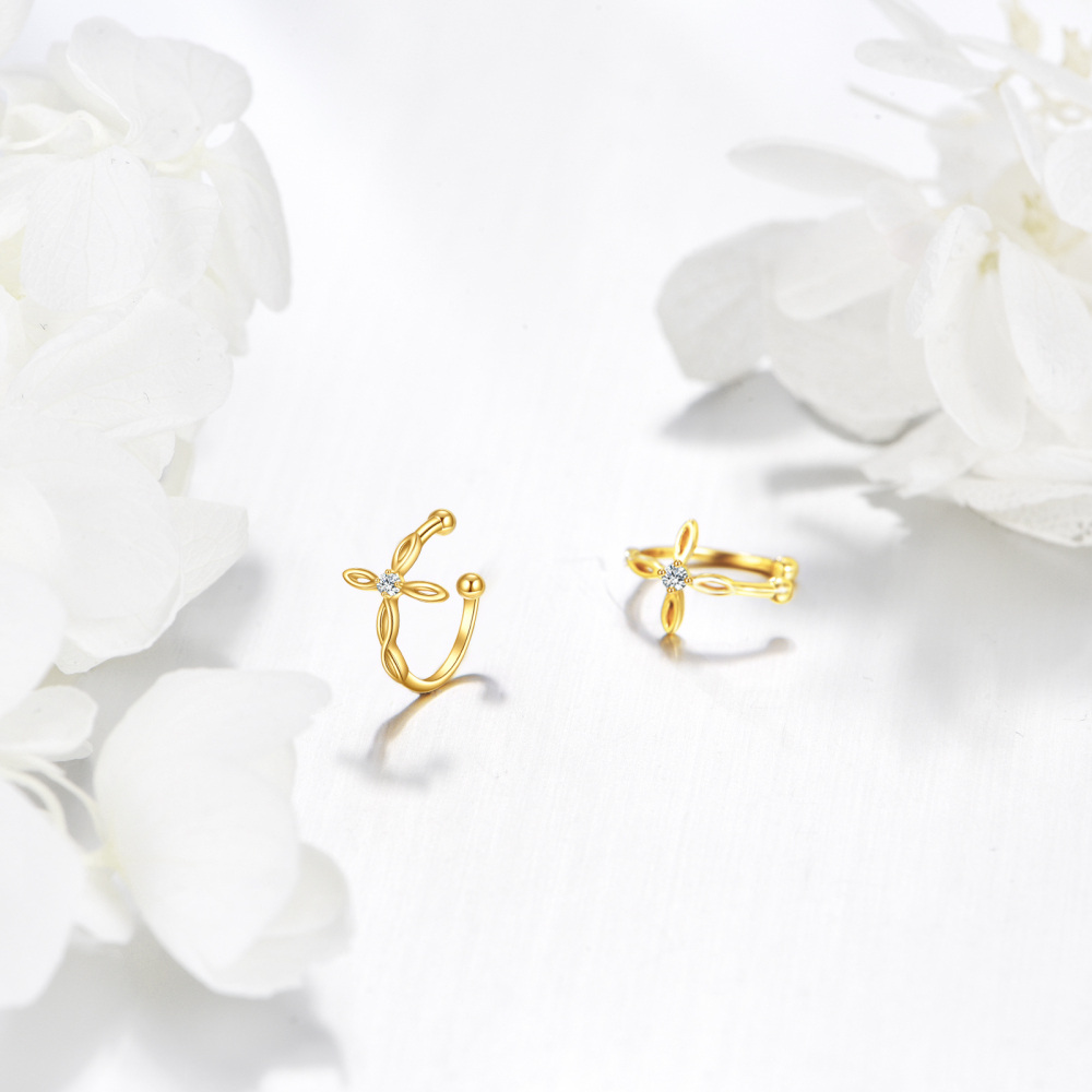 10K Gold Cubic Zirconia Cross Cuff Earrings-3