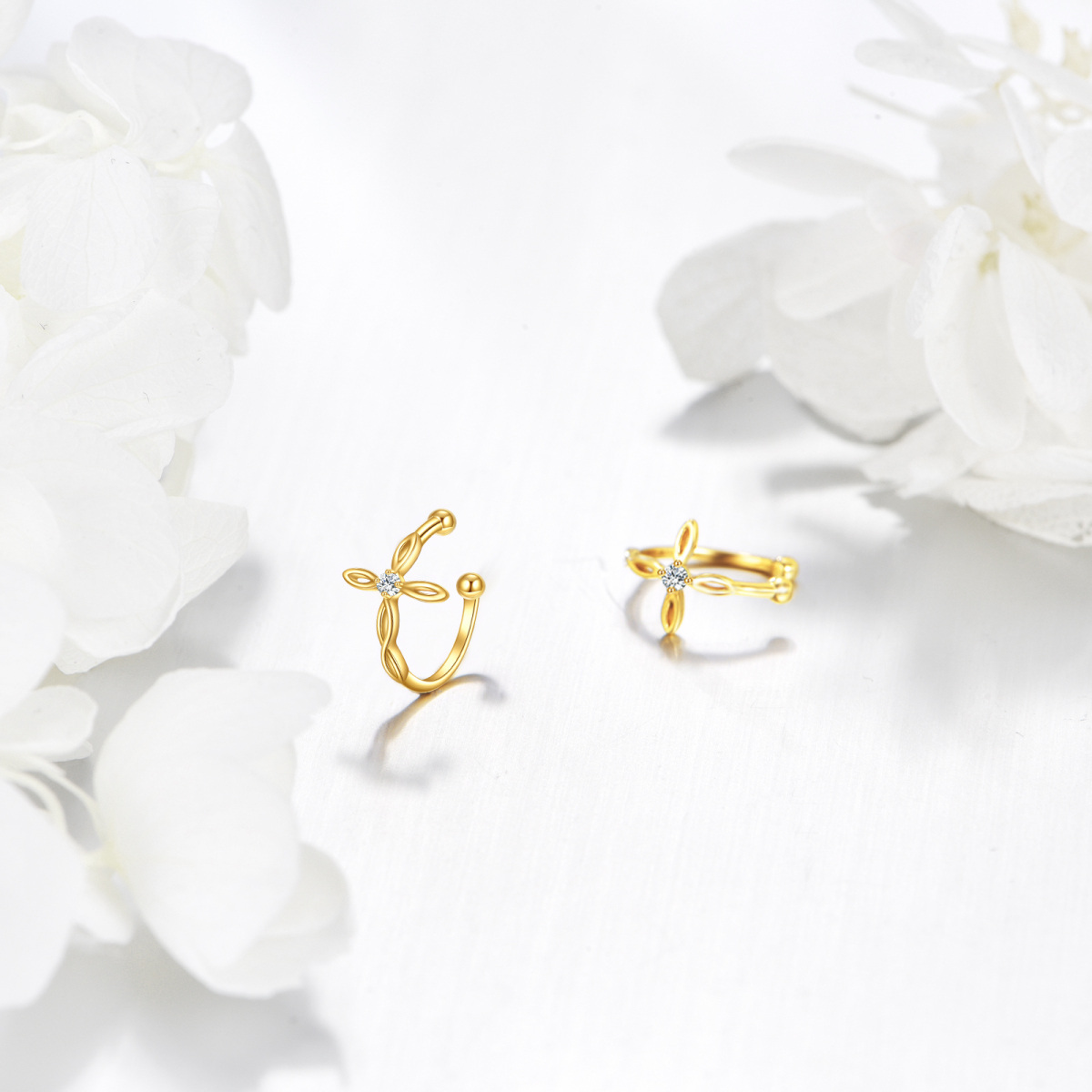 14K Gold Cubic Zirconia Cross Cuff Earrings-3