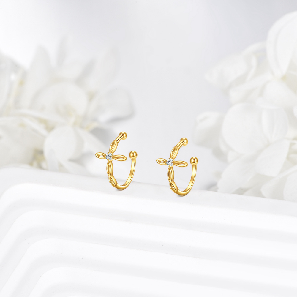 10K Gold Cubic Zirconia Cross Cuff Earrings-4