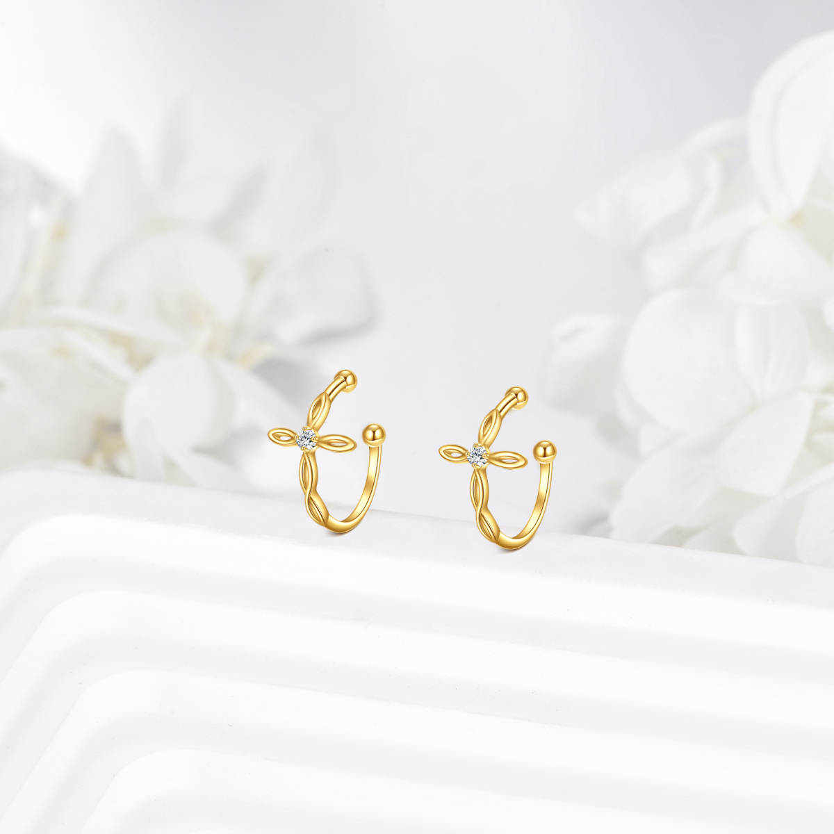14K Gold Cubic Zirconia Cross Cuff Earrings-4