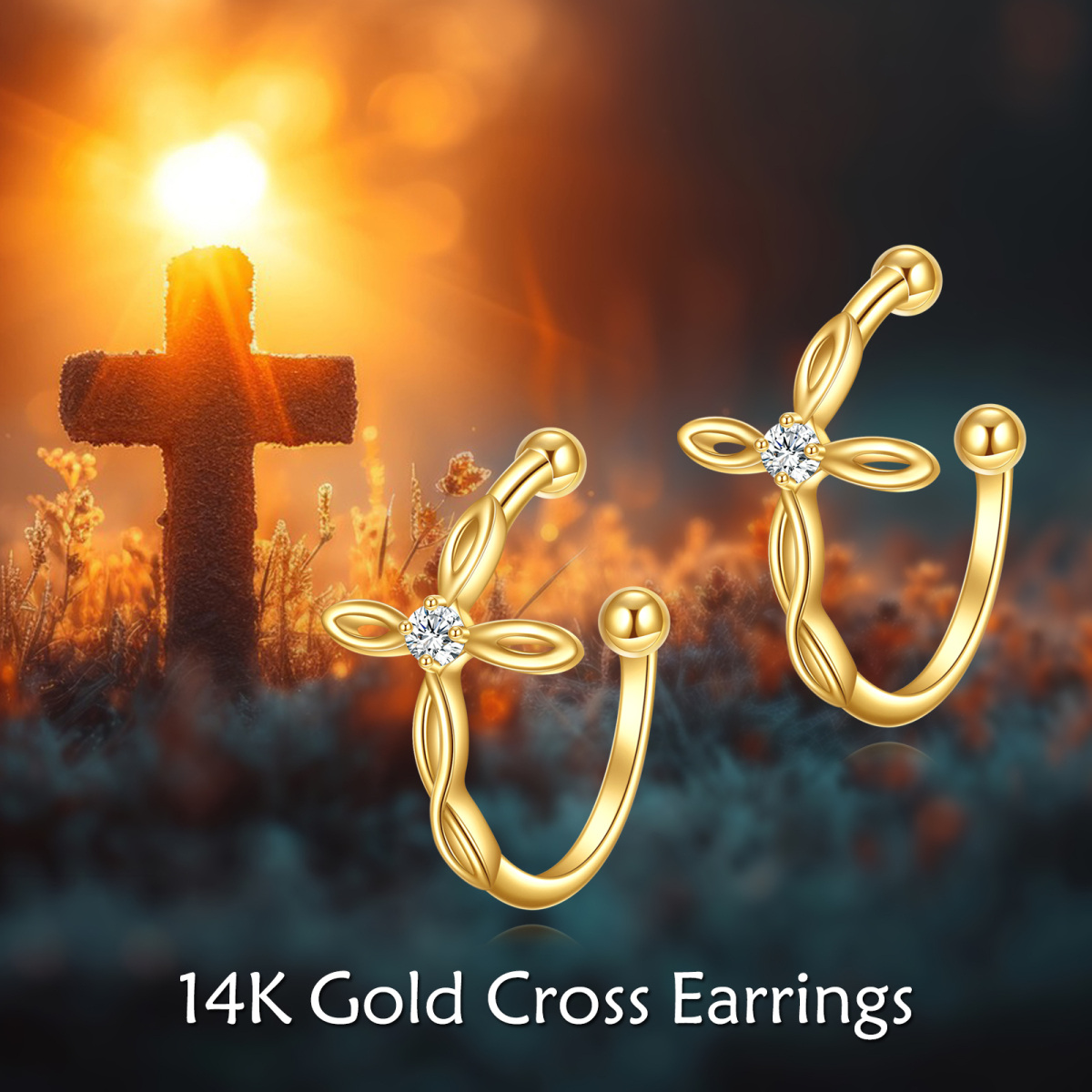 14K Gold Cubic Zirconia Cross Cuff Earrings-6