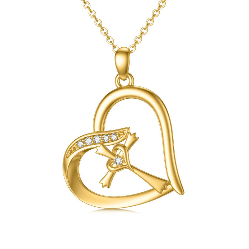 14K Gold Cubic Zirconia Cross & Double Heart Pendant Necklace