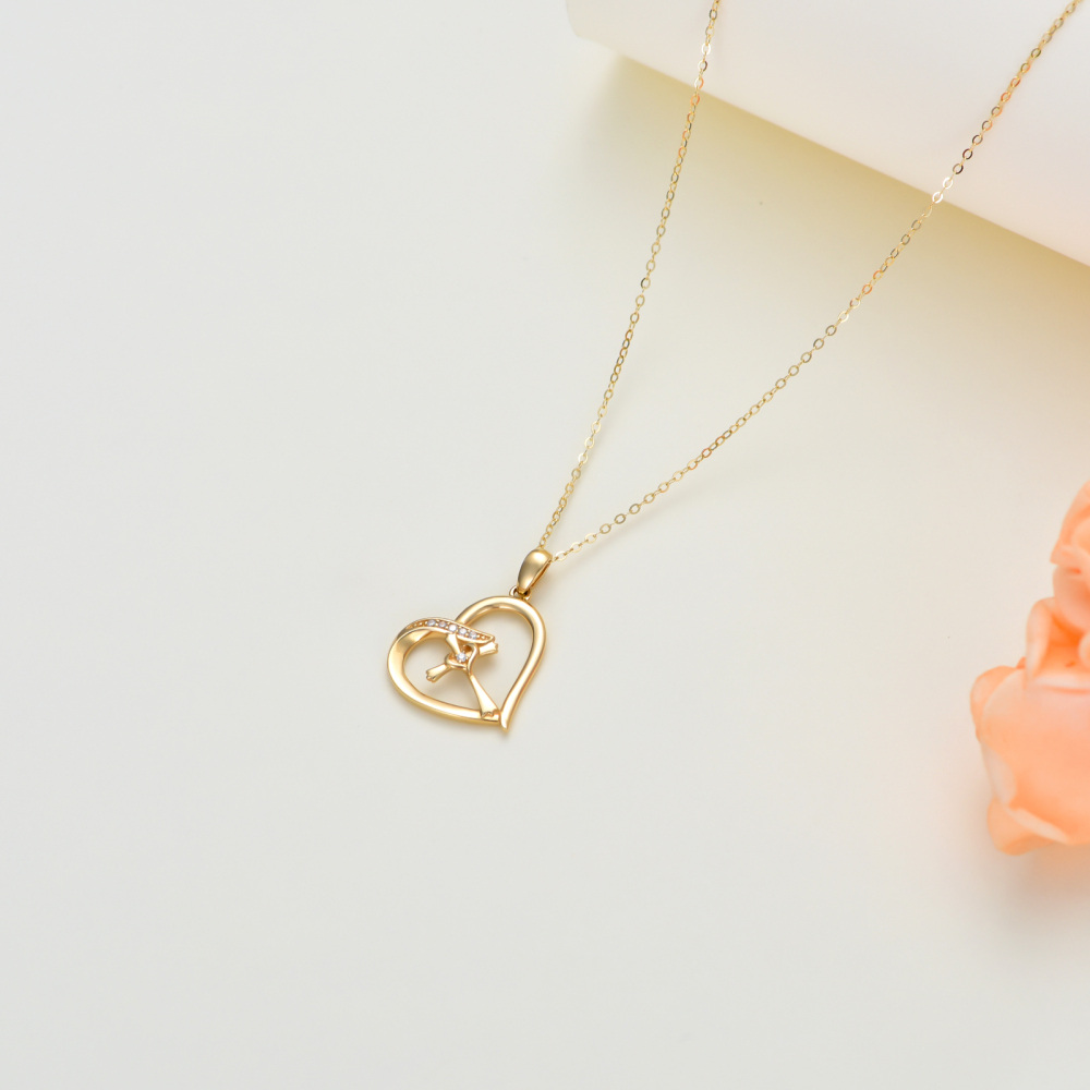 10K Gold Cubic Zirconia Cross & Double Heart Pendant Necklace-4