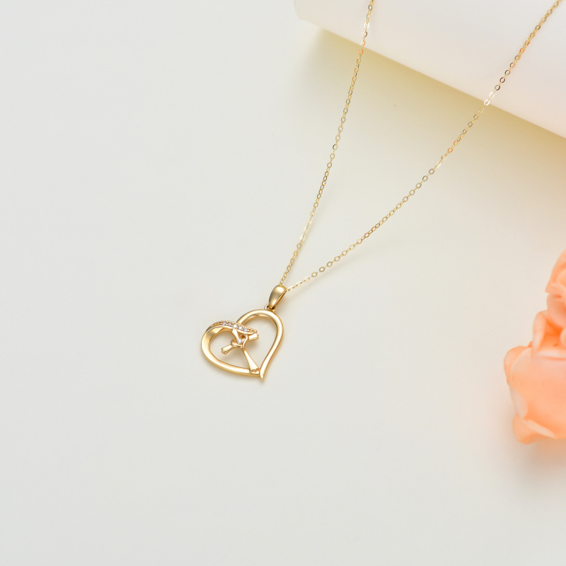 10K Gold Cubic Zirconia Cross & Double Heart Pendant Necklace-4