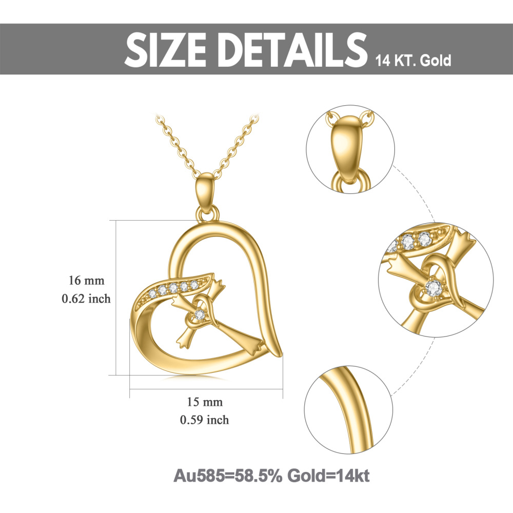 10K Gold Cubic Zirconia Cross & Double Heart Pendant Necklace-5