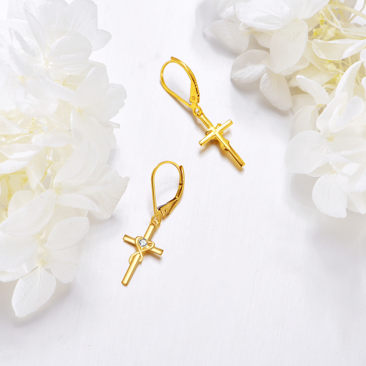 14K Gold Cubic Zirconia Cross Drop Earrings-3