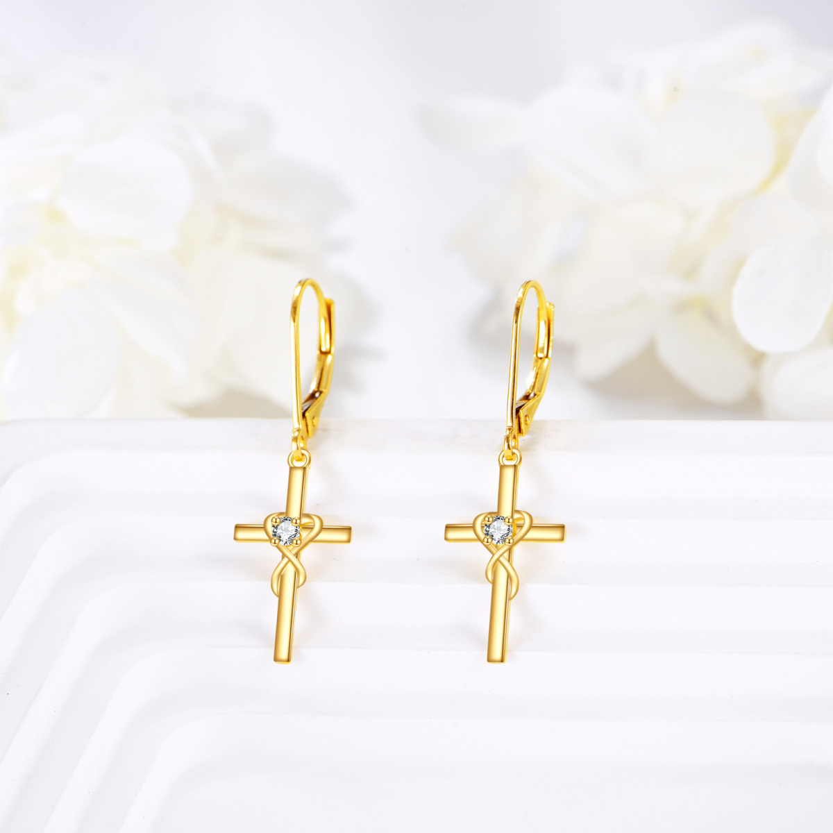 10K Gold Cubic Zirconia Cross Drop Earrings-4