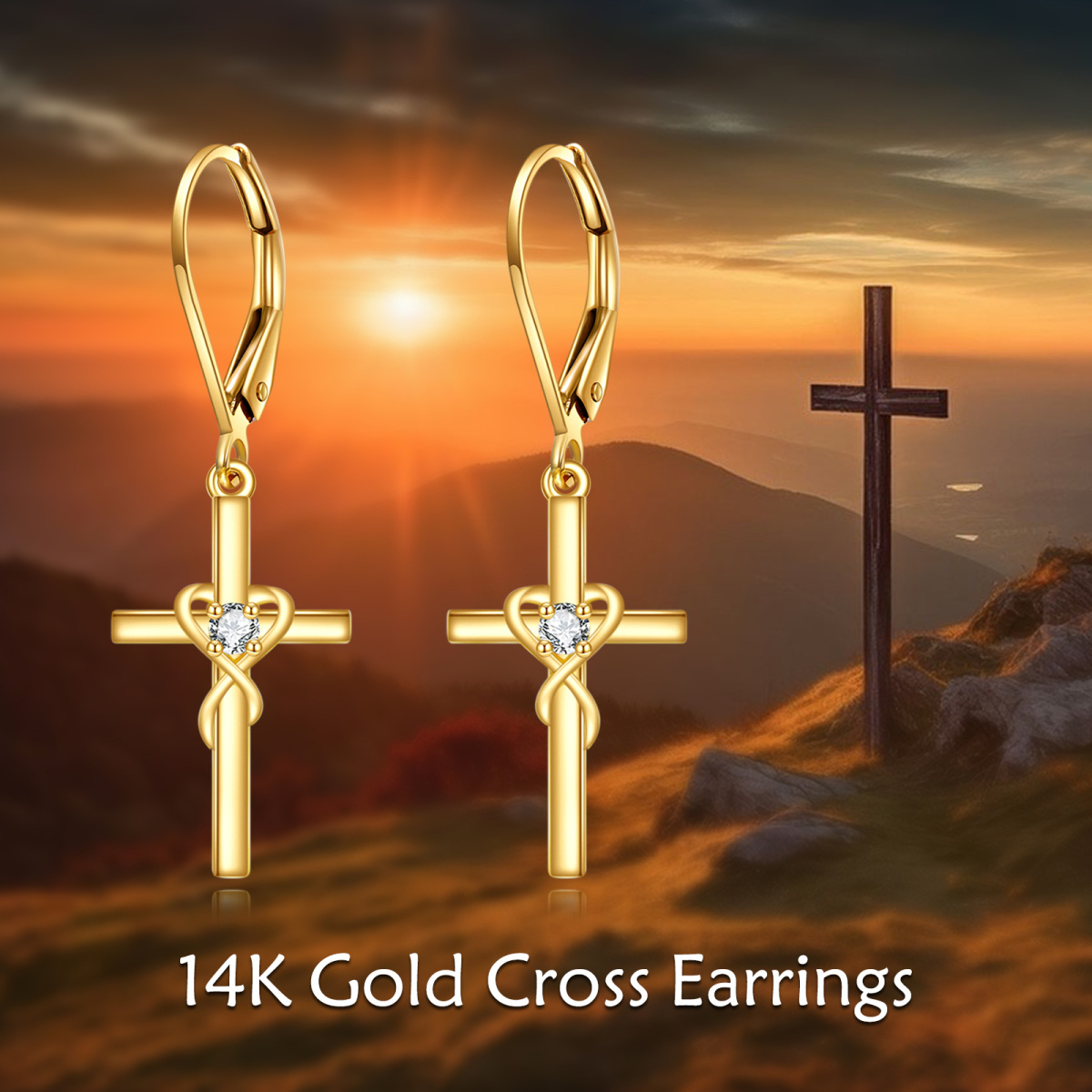 14K Gold Cubic Zirconia Cross Drop Earrings-6