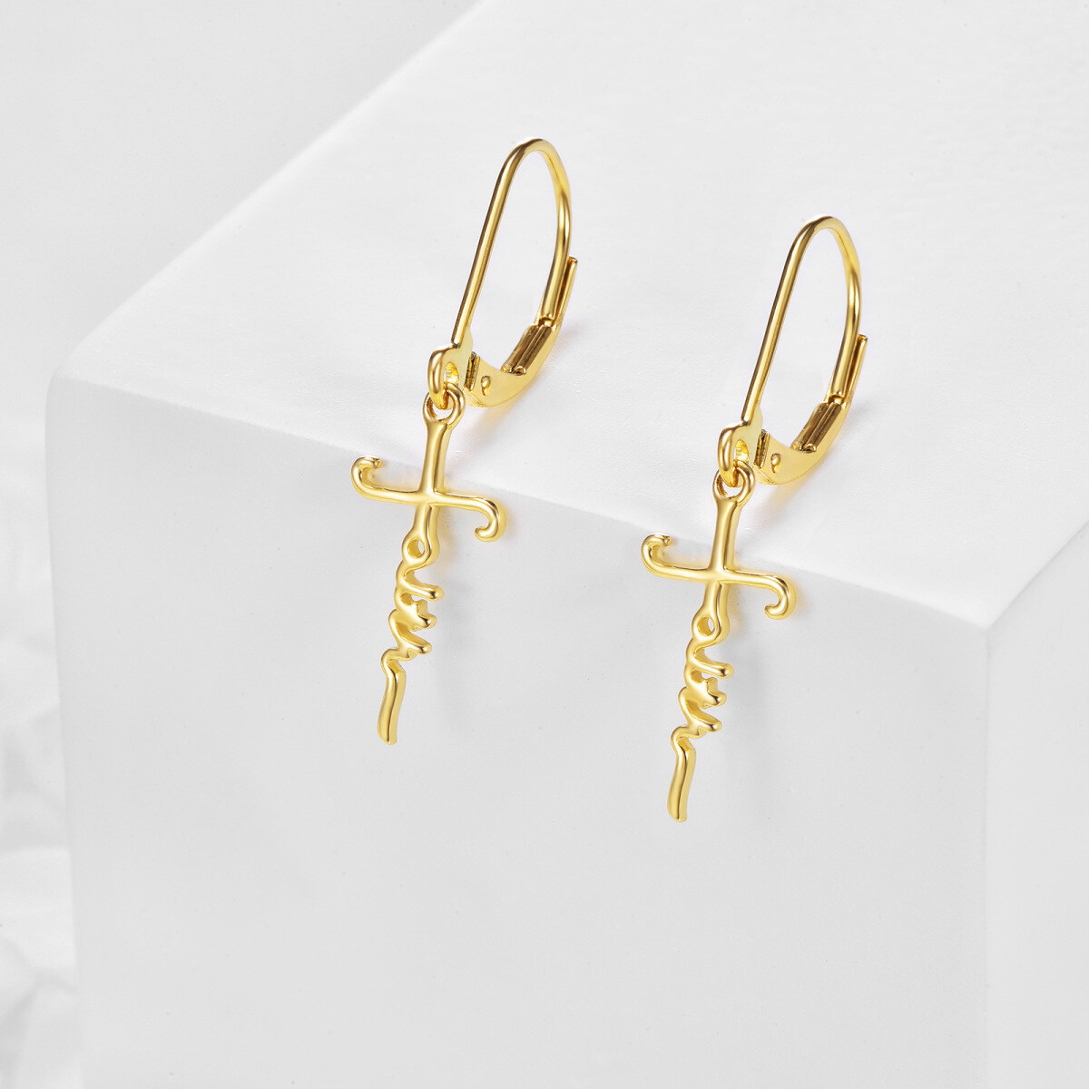 18K Gold Cross Drop Earrings-3