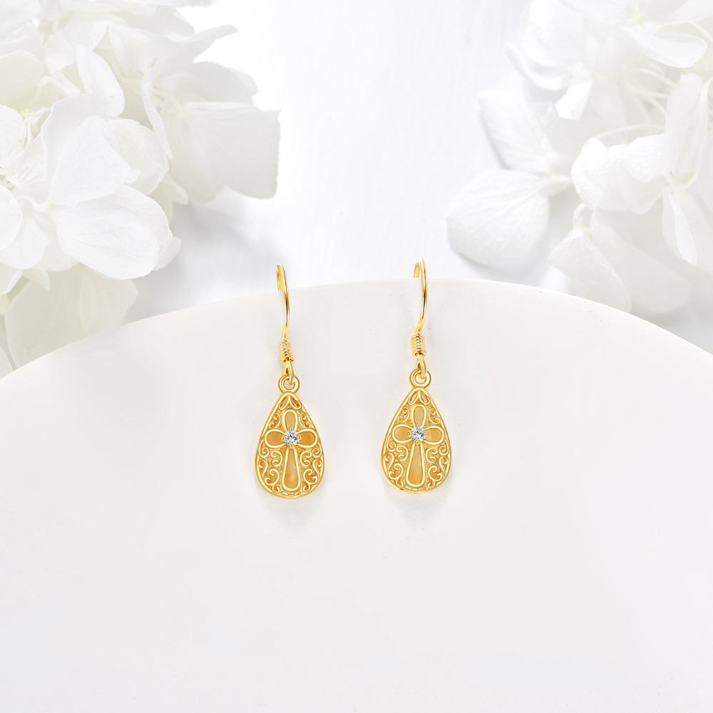 10K Gold Cubic Zirconia Cross Drop Earrings-3