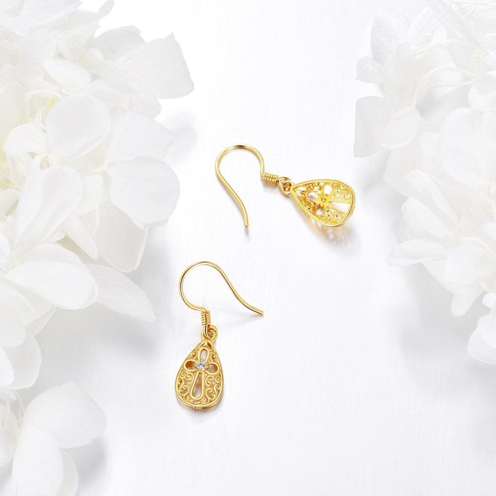 10K Gold Cubic Zirconia Cross Drop Earrings-4