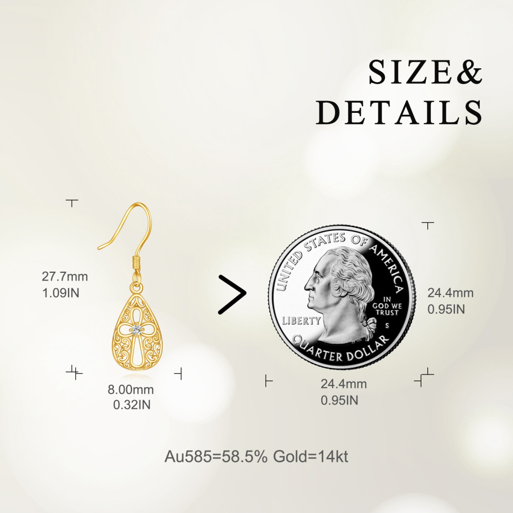 10K Gold Cubic Zirconia Cross Drop Earrings-5