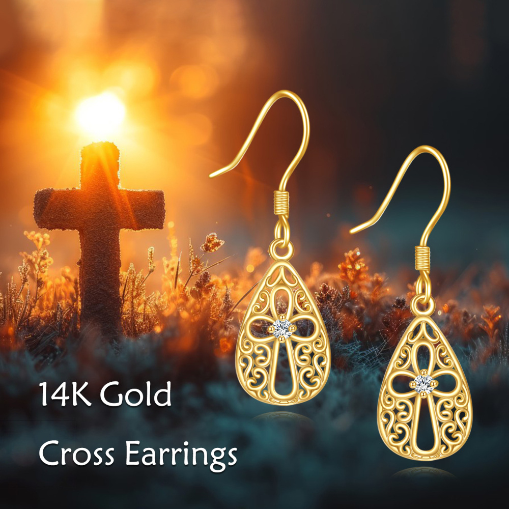 10K Gold Cubic Zirconia Cross Drop Earrings-6
