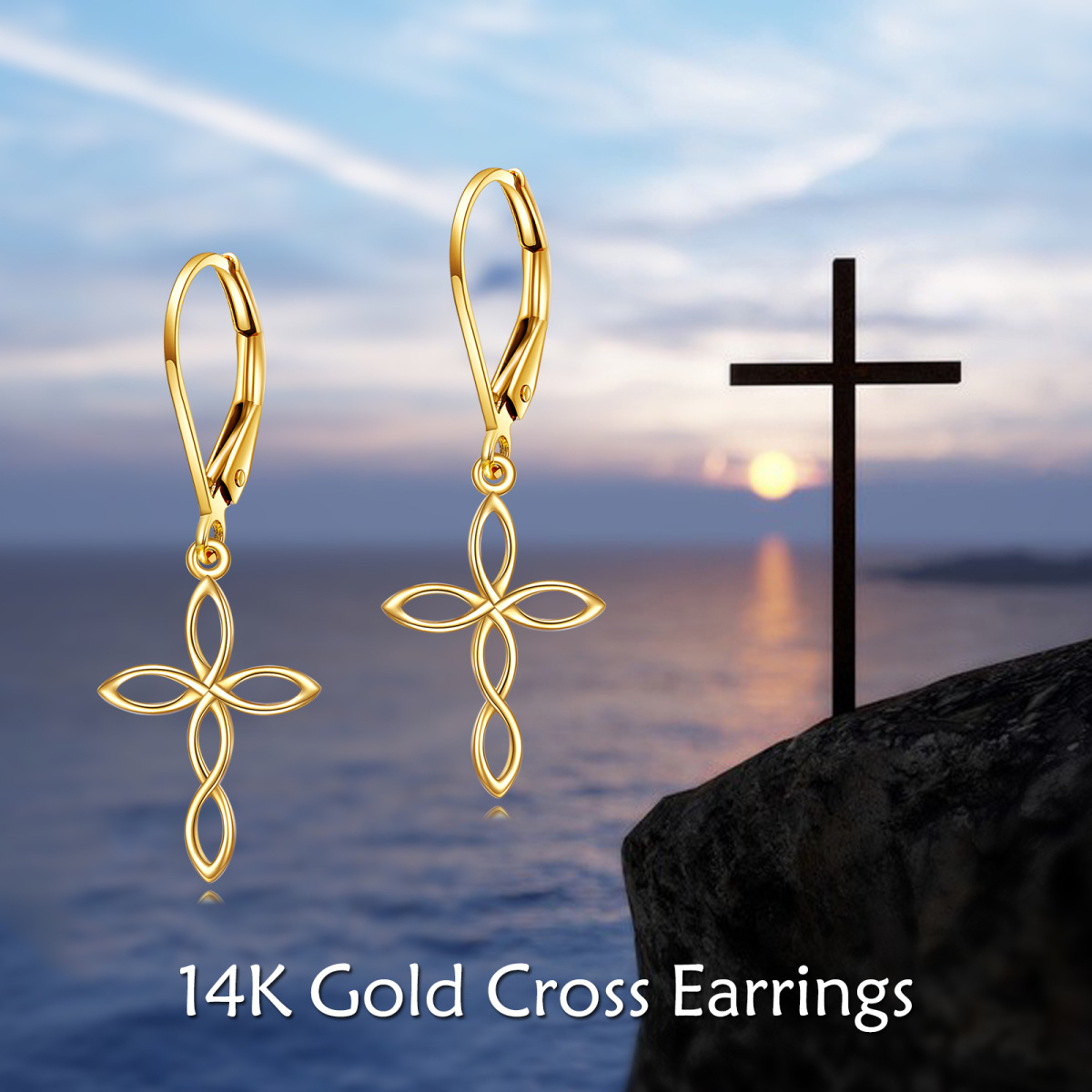 10K Gold Cross Drop Earrings-6