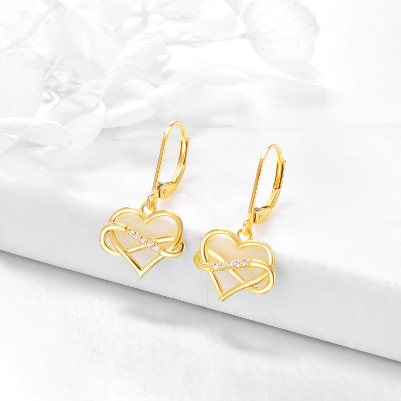 Brincos pendentes coração com zircónia cúbica em ouro 10K e símbolo do infinito-3
