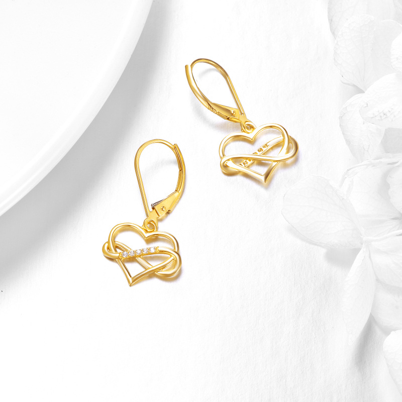 Brincos pendentes coração com zircónia cúbica em ouro 10K e símbolo do infinito-4