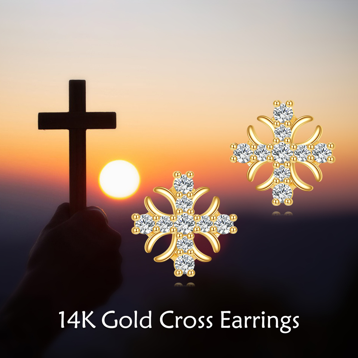 14K Gold Cubic Zirconia Cross Earrings-6