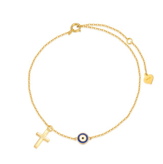 10K Gold Cross & Evil Eye Single Layer Charm Anklet-1