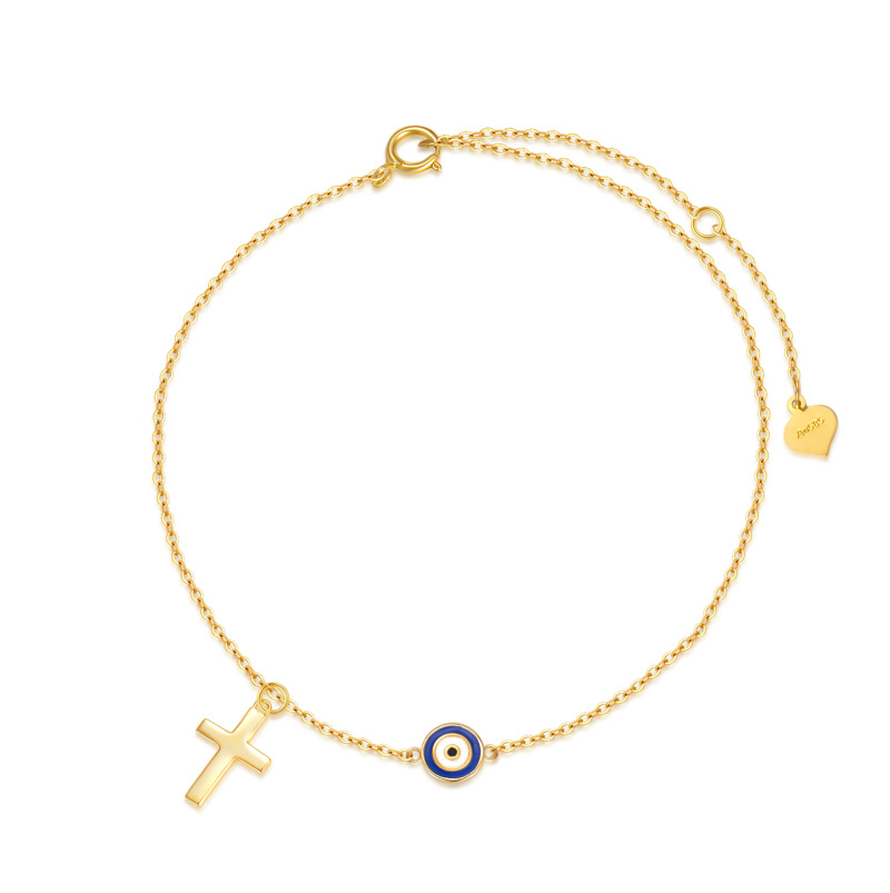 10K Gold Cross & Evil Eye Single Layer Charm Anklet-15