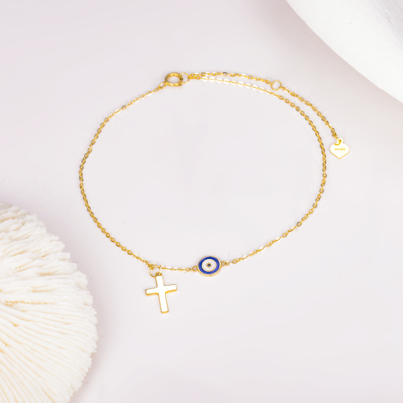 18-karätiges Gold-Fußkettchen mit Kreuz- und Nazar-Auge-Anhänger (einlagig)-3