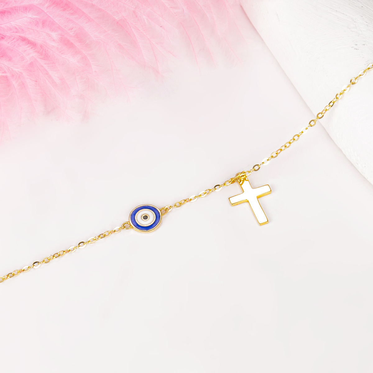 10K Gold Cross & Evil Eye Single Layer Charm Anklet-4