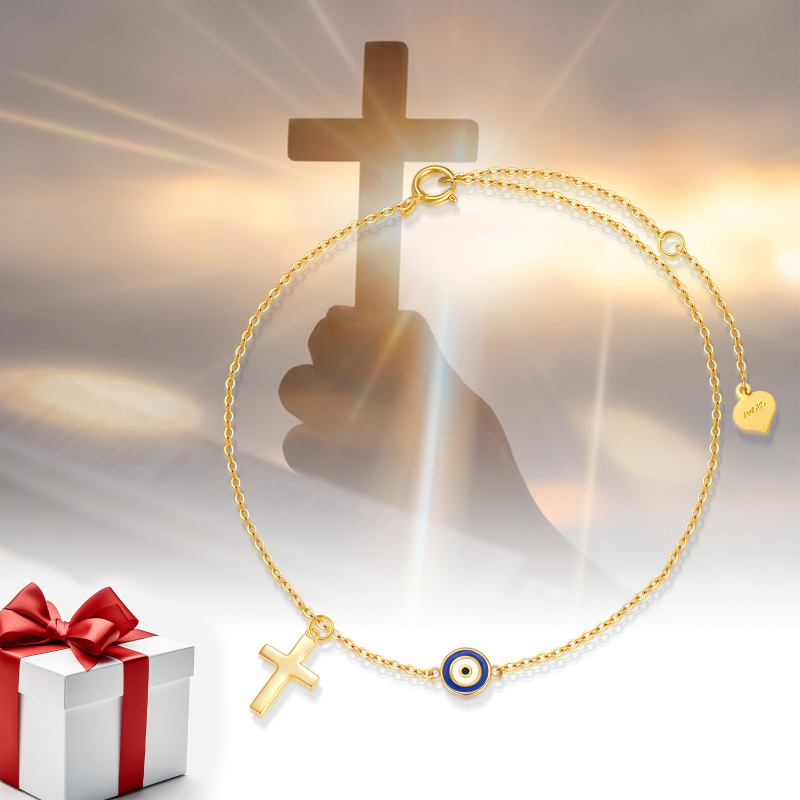 18-karätiges Gold-Fußkettchen mit Kreuz- und Nazar-Auge-Anhänger (einlagig)-6