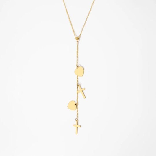 Collar Y ajustable de oro 10K con cruz y corazón