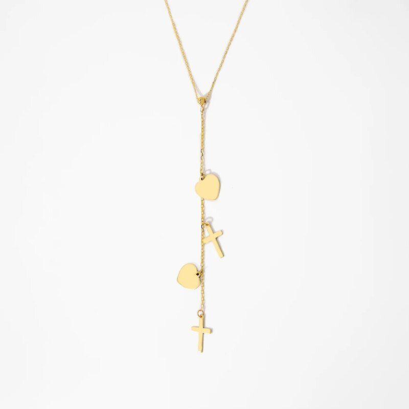 18K-Gold-Kreuz- und Herz-Verstellbare Y-Halskette-1