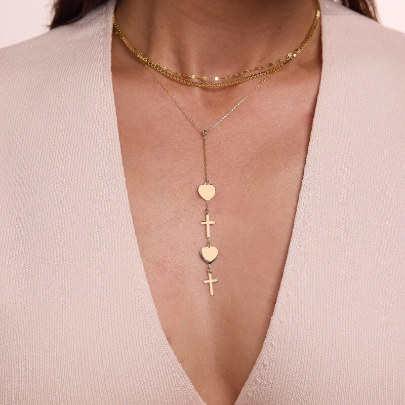 18K-Gold-Kreuz- und Herz-Verstellbare Y-Halskette-2