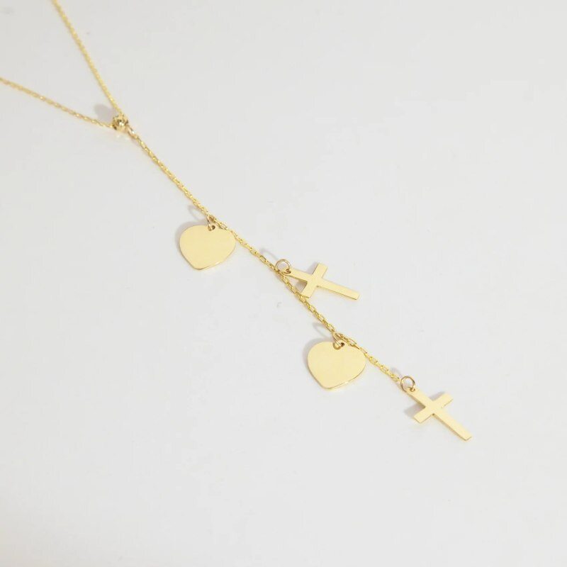 18K-Gold-Kreuz- und Herz-Verstellbare Y-Halskette-3
