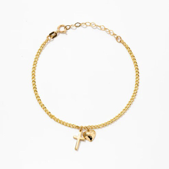 14K Gold Cross & Heart Charm Bracelet