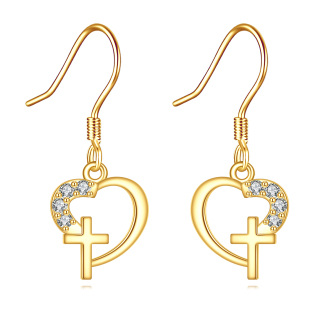 14K Gold Cubic Zirconia Cross & Heart Drop Earrings-10