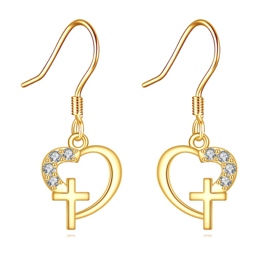 Boucles d'oreilles pendantes en forme de cœur et croix en or 14 carats avec zircone cubique