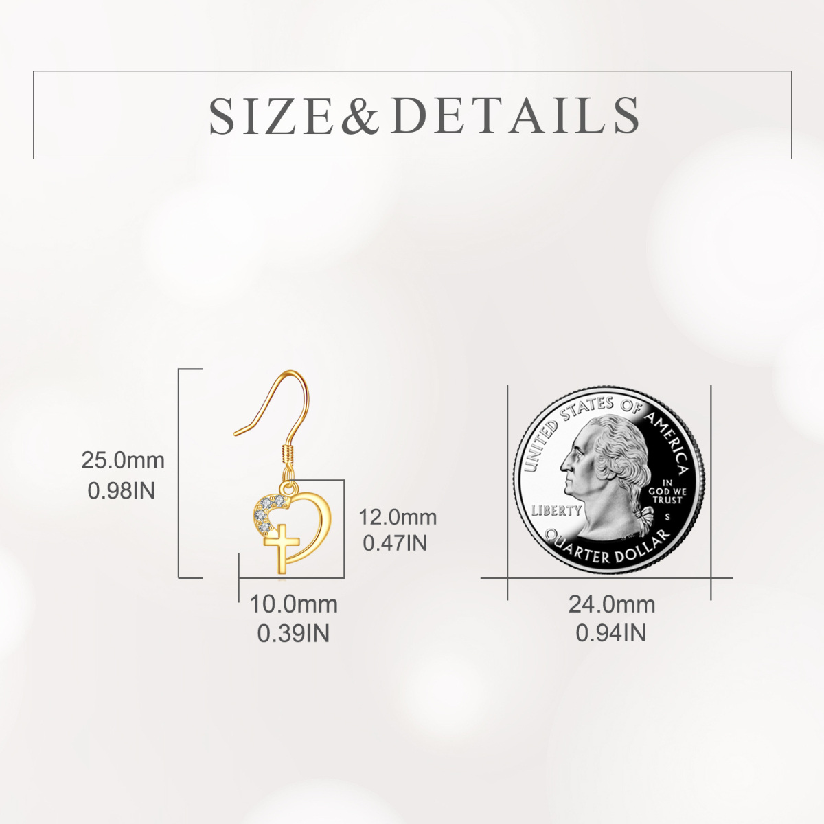 Pendientes colgantes con forma de cruz y corazón de circonita cúbica en oro de 14 quilates-5