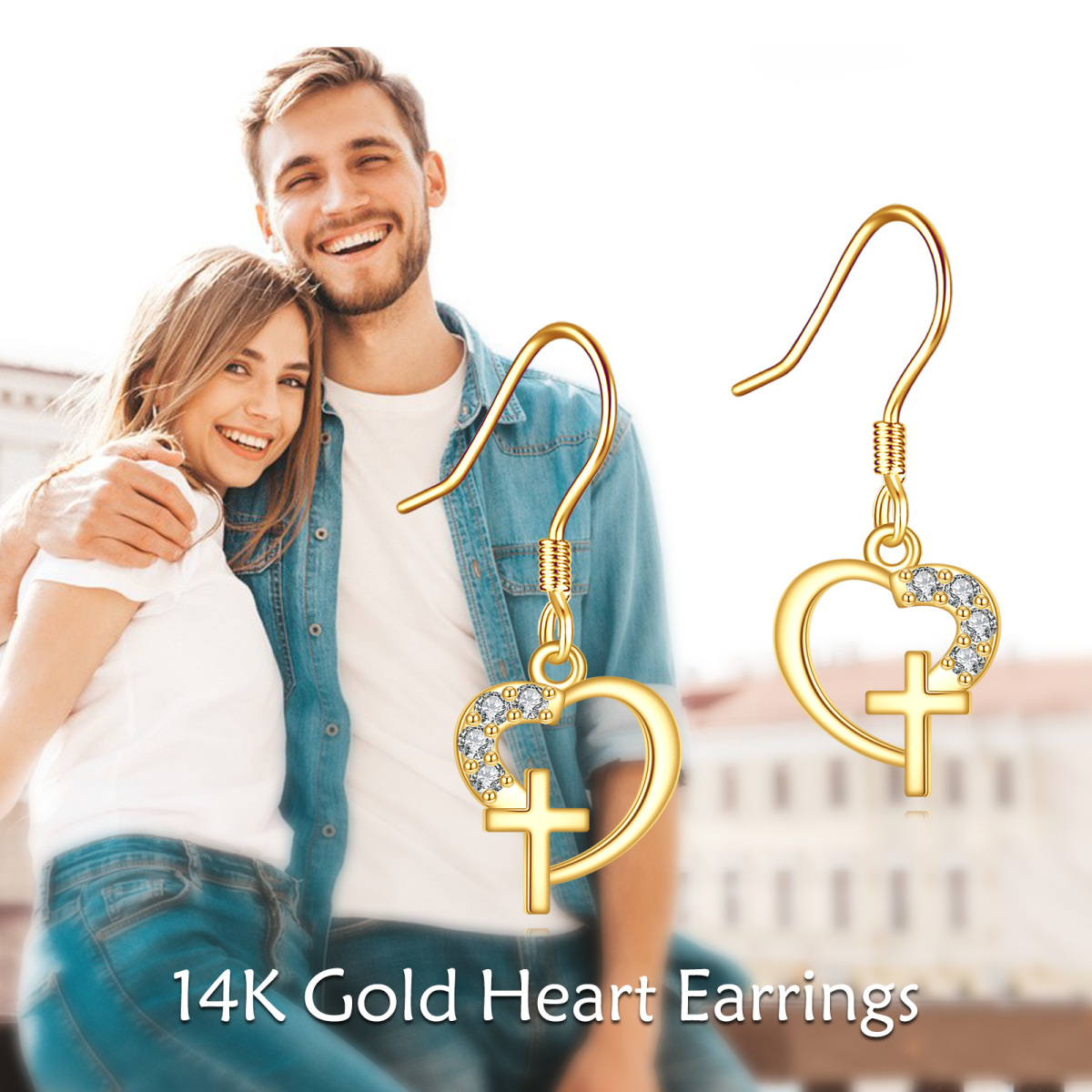 Pendientes colgantes con forma de cruz y corazón de circonita cúbica en oro de 14 quilates-6