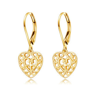 14K Gold Cross & Heart Drop Earrings-2